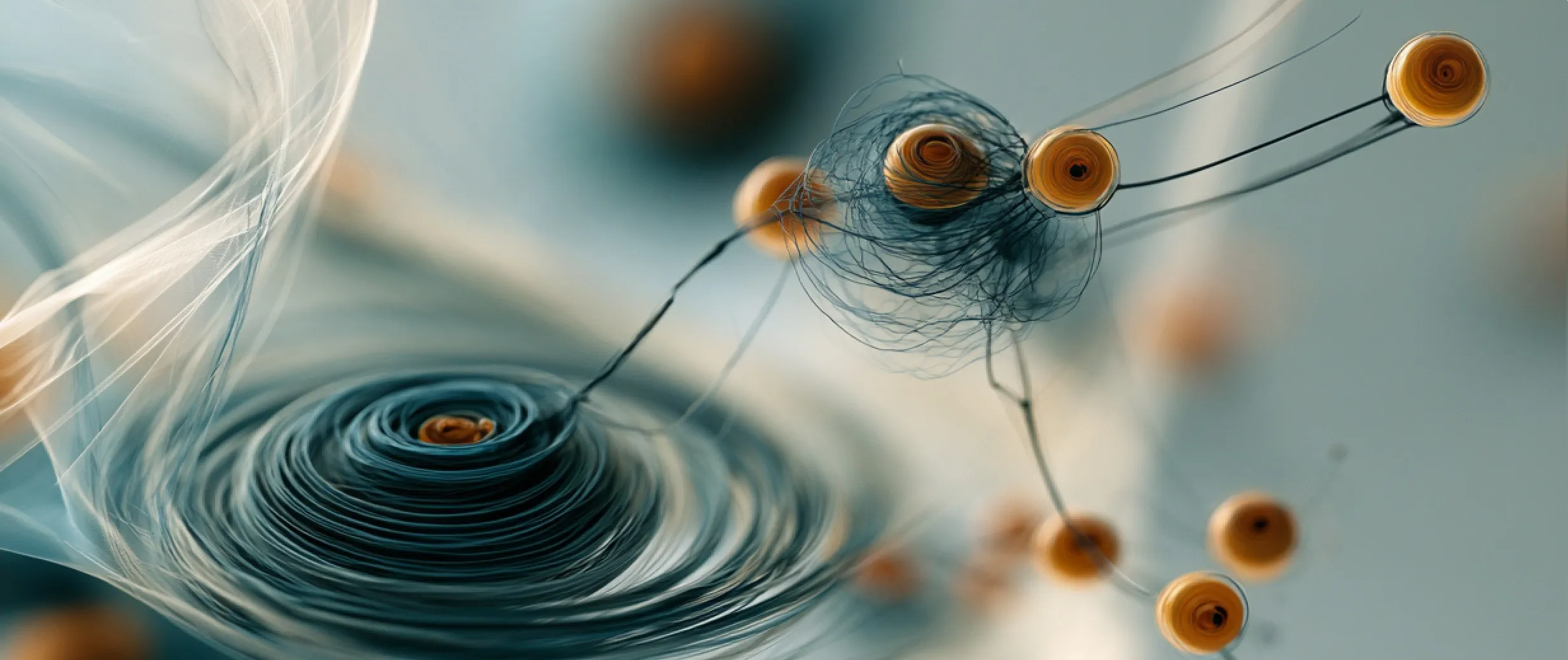 Abstract image in blue-grey and amber tones: fine threads spiral out from a dense vortex and connect amber nodes into a network